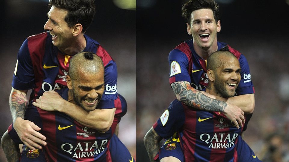 Dani Alves dan Lionel Messi. Copyright: &copy; INDOSPORT/GETTY IMAGES